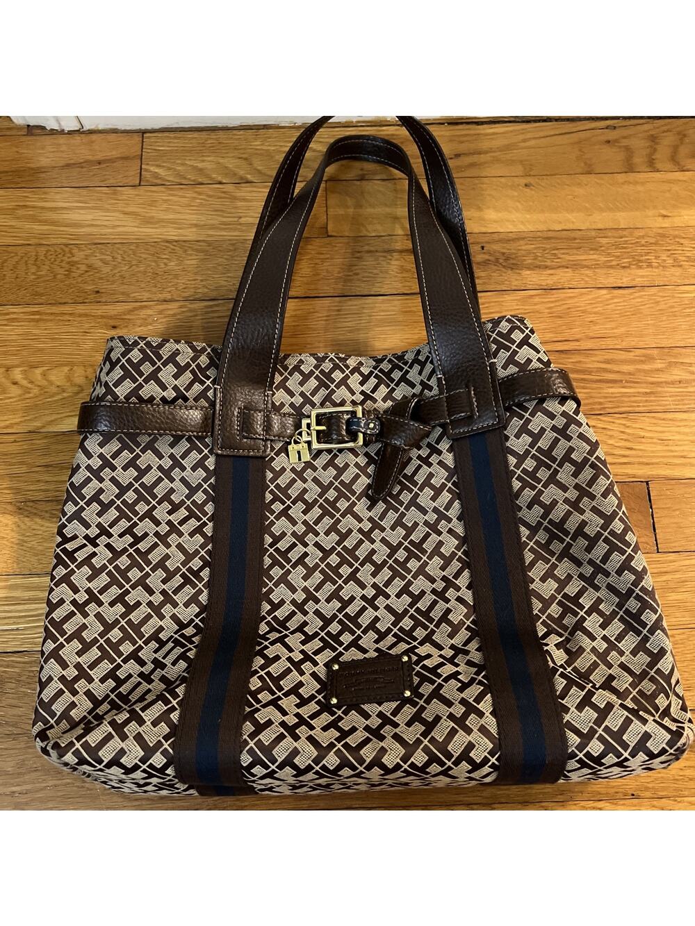 TOMMY HILFIGER Canvas Tote Bag Medium Size Brown Blue Color blocked